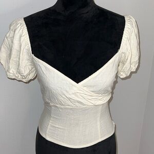 Estophe Studios ivory cream rayon linen puff short sleeves lace up back crop top